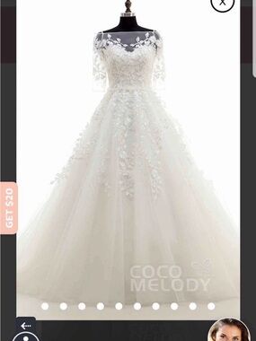 Coco Melody Ivory Lace Applique Ball Gown Wedding Dress with Removable Coverlet